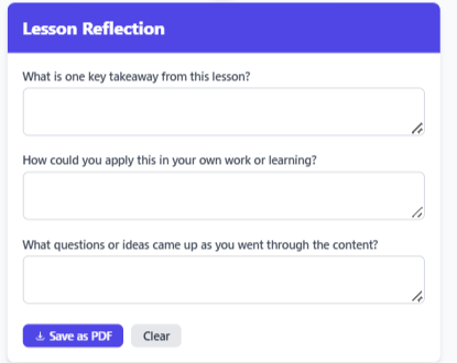 Lesson Reflection Box where answers can be saved as a PDF