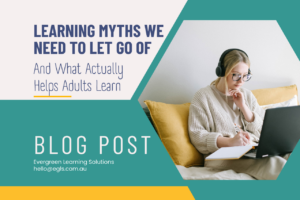 Graphic for a blog post titled "Learning Myths We Need to Let Go of," featuring a woman wearing headphones and taking notes while working on a laptop.