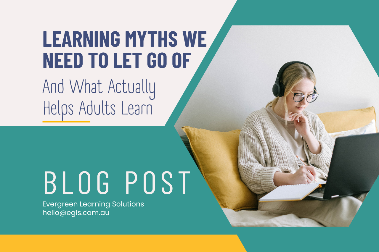 Graphic for a blog post titled "Learning Myths We Need to Let Go of," featuring a woman wearing headphones and taking notes while working on a laptop.